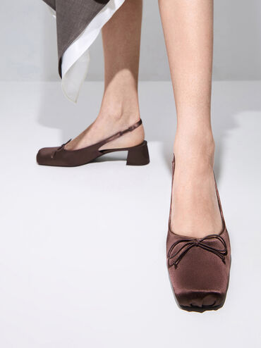 Satin Bow Square-Toe Slingback Pumps, Dark Brown, hi-res