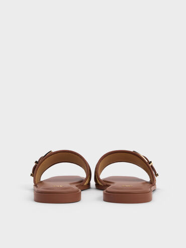 Whitney Leather & Raffia Buckled Slide Sandals, Brown, hi-res