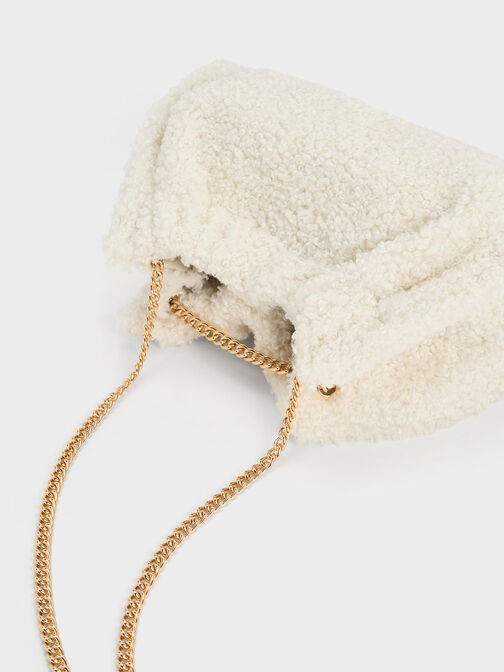 Cyrus Furry Slouchy Chain-Handle Bag, Cream, hi-res
