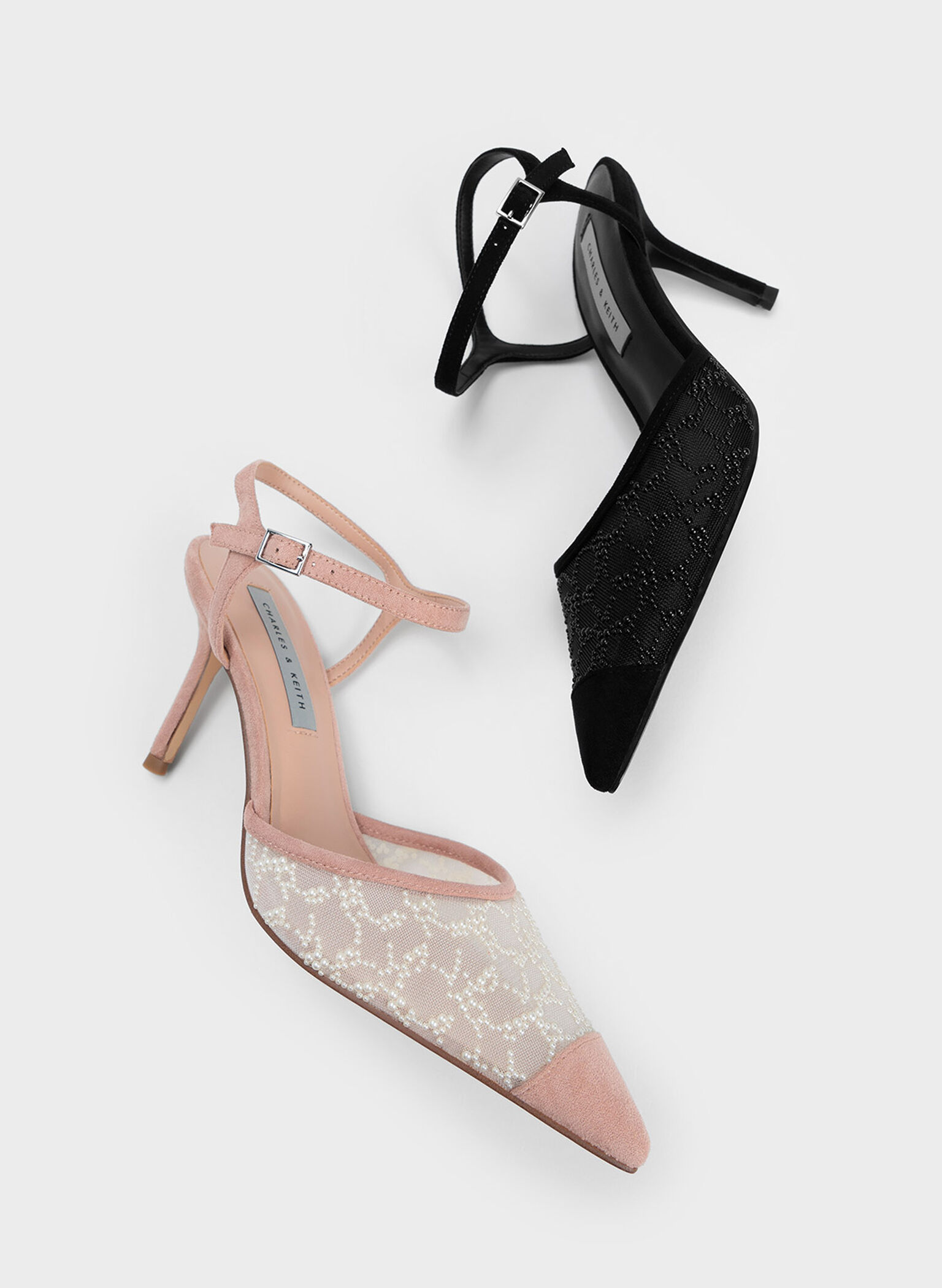 Beaded Mesh Ankle Strap Pumps, Nude, hi-res