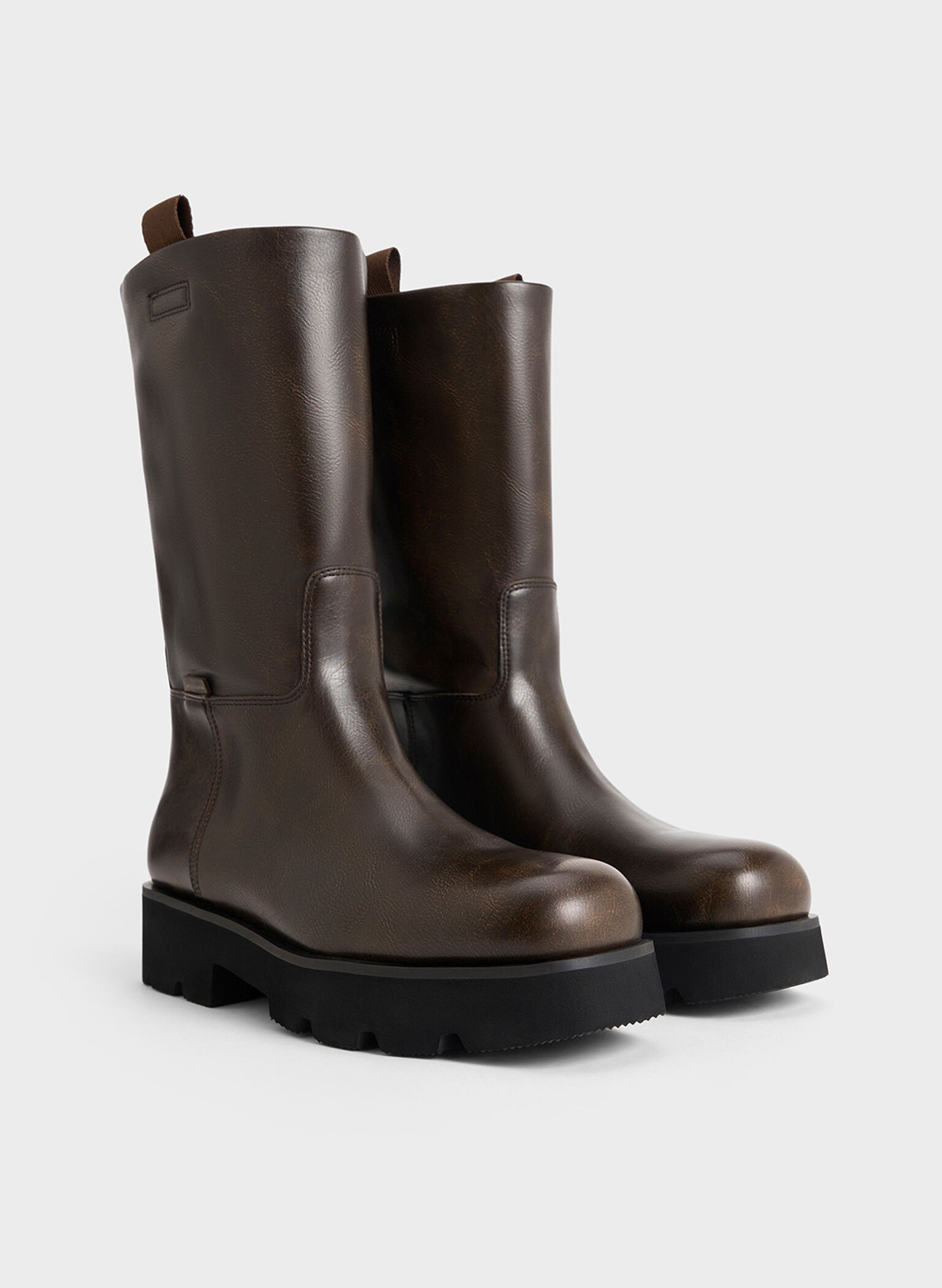 Double Pull-Tab Calf Boots, Dark Brown, hi-res