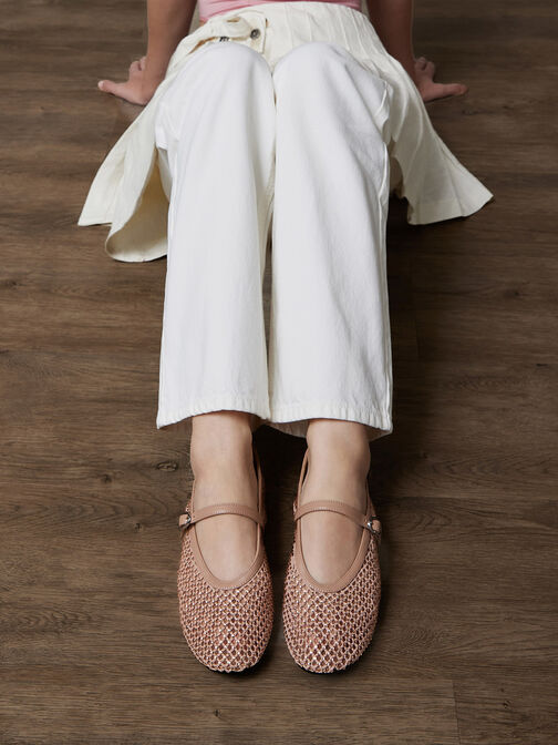 Maggie Mesh Crystal-Embellished Mary Janes, Nude, hi-res