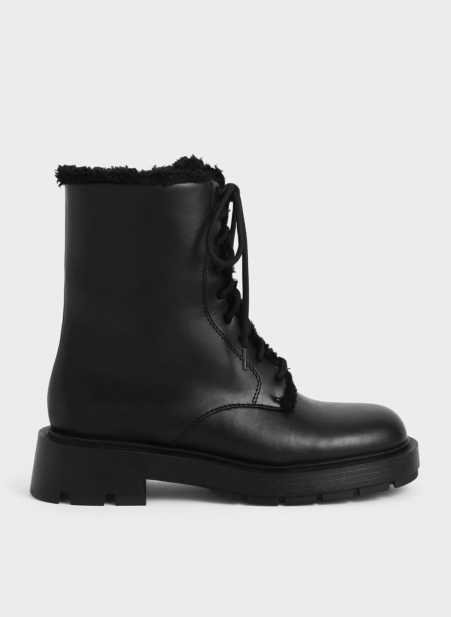 Fur-Trim Lace-Up Ankle Boots, Black, hi-res