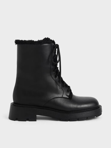 Fur-Trim Lace-Up Ankle Boots, Black, hi-res