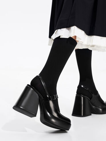 Laine Metallic-Buckle Platform Mary Janes, Black, hi-res