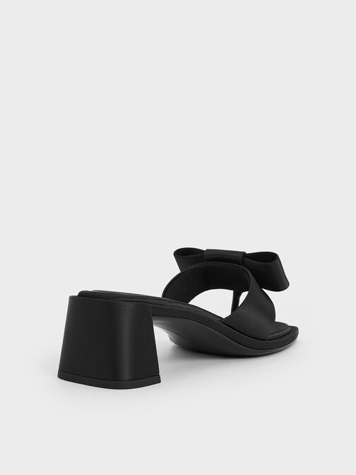 Satin Bow Heeled Thong Sandals, Black Textured, hi-res