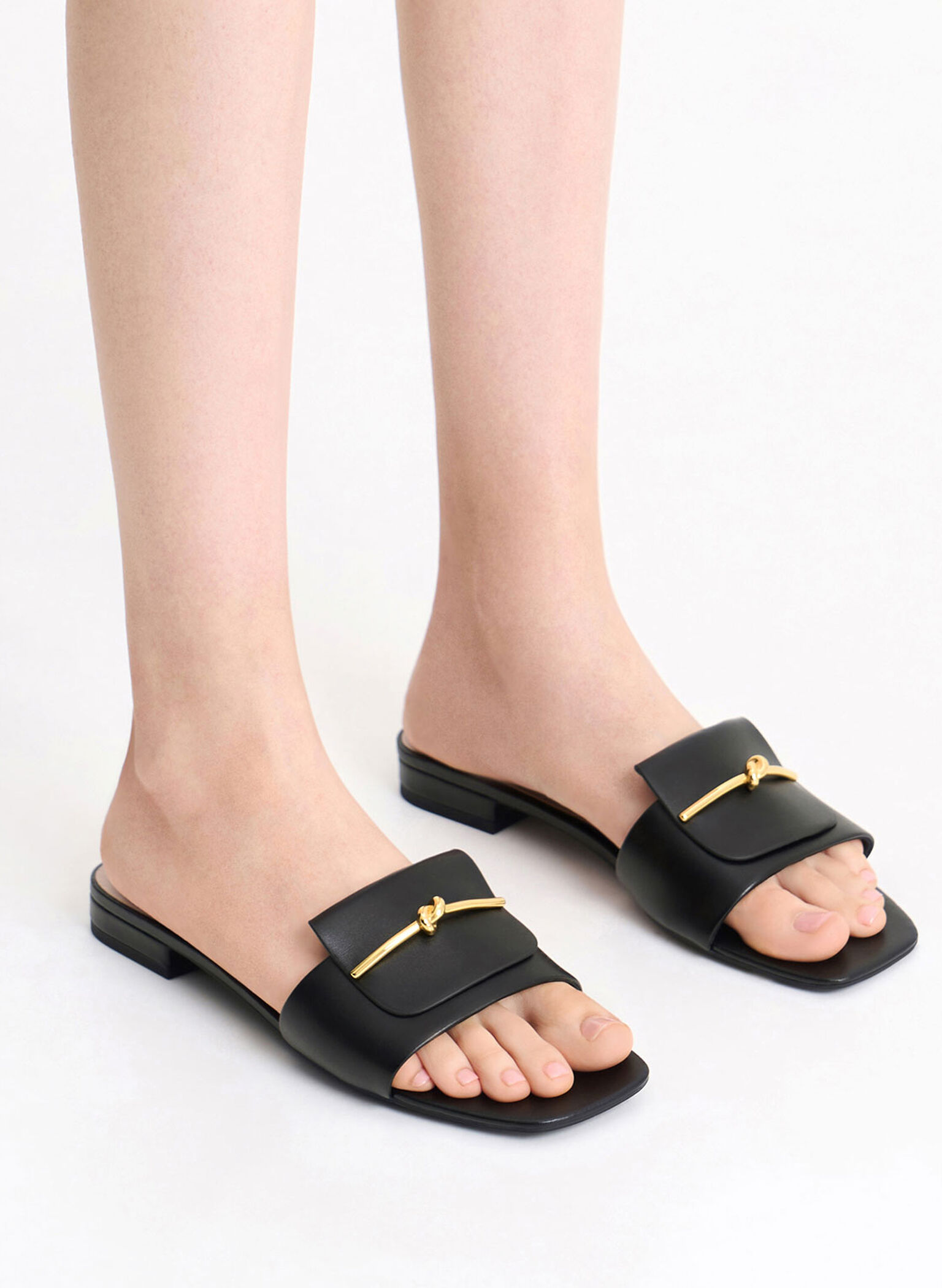 Knotted Accent Slide Sandals, Black, hi-res