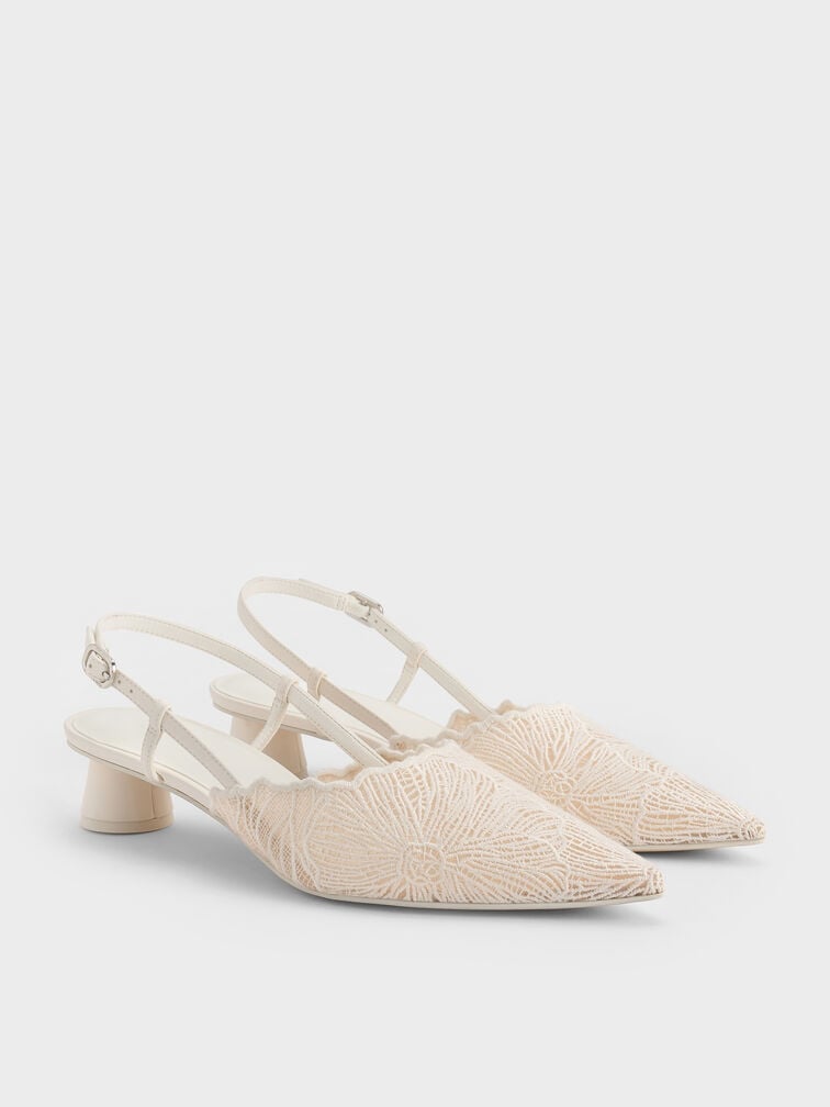 Crochet Floral Pointed-Toe Slingback Pumps, White, hi-res