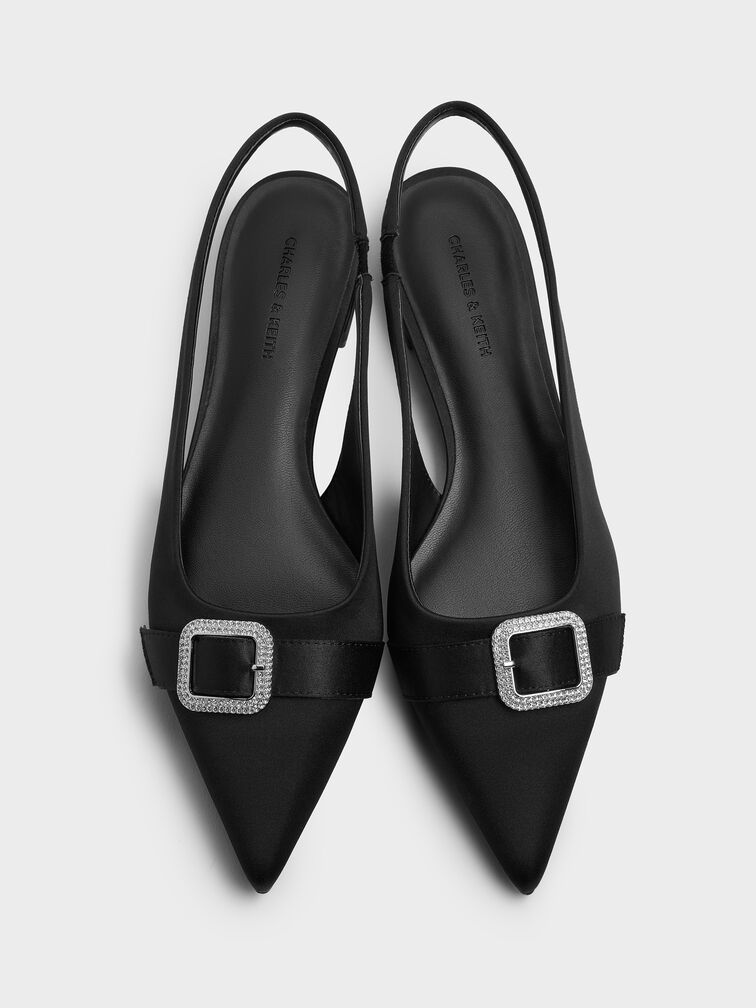 Satin Crystal-Buckle Pointed-Toe Slingback Flats, Black Textured, hi-res