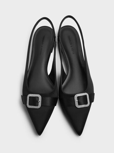 Satin Crystal-Buckle Pointed-Toe Slingback Flats, Black Textured, hi-res