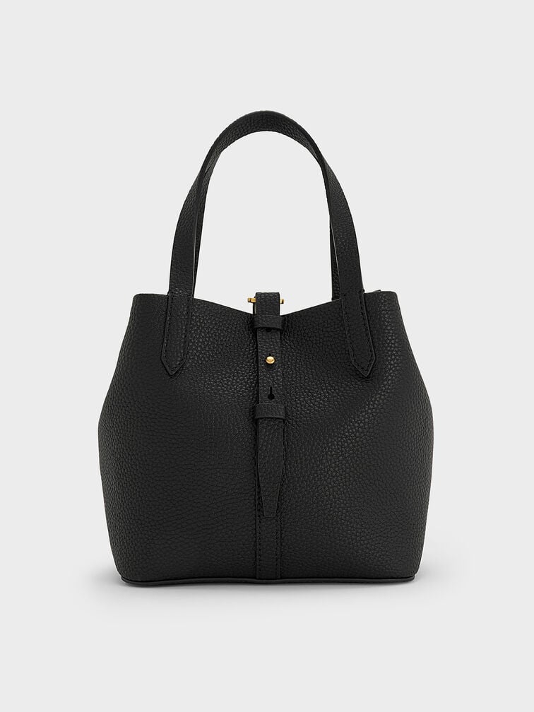 Beryl Recycled Leather Double-Handle Belted Bucket Bag, Black, hi-res