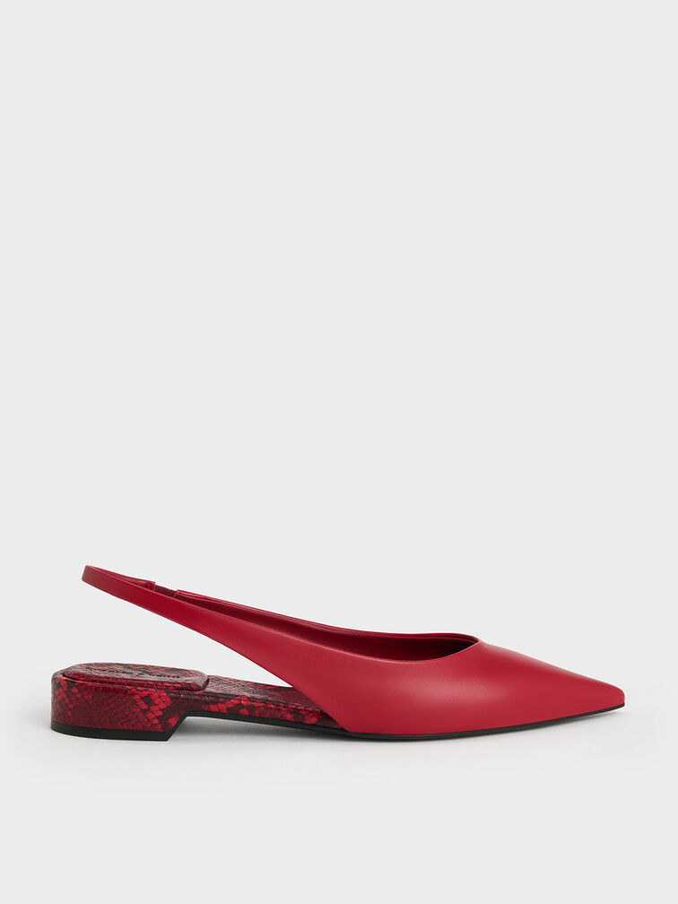 Pointed-Toe High-Vamp Slingback Flats, Red, hi-res