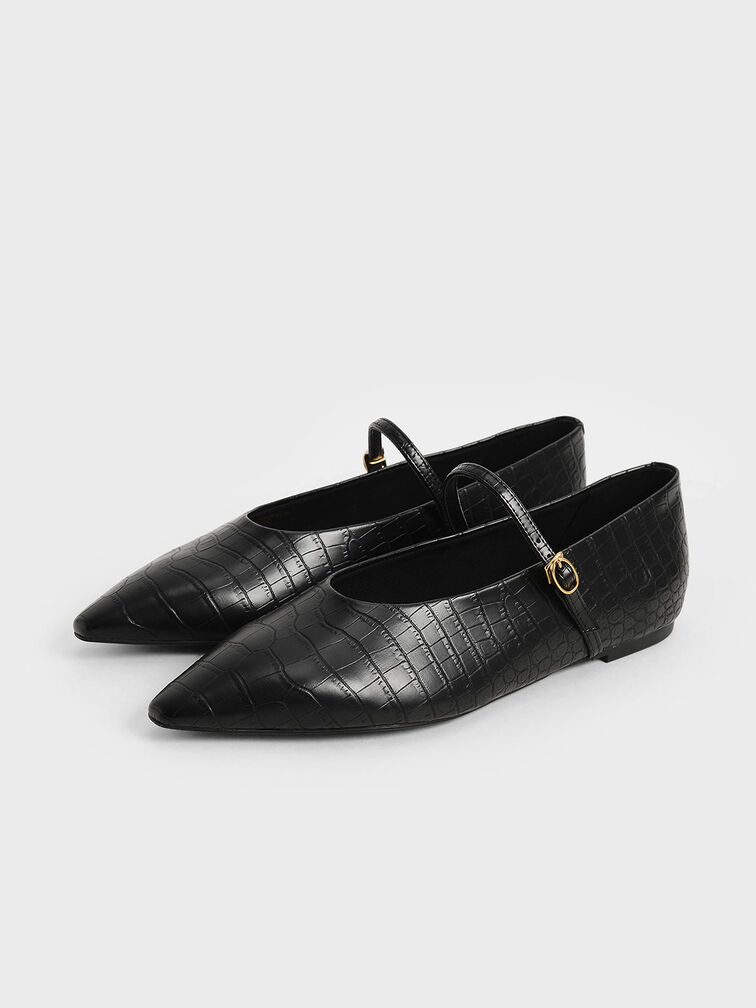 Croc-Effect Mary Jane Flats, Animal Print Black, hi-res
