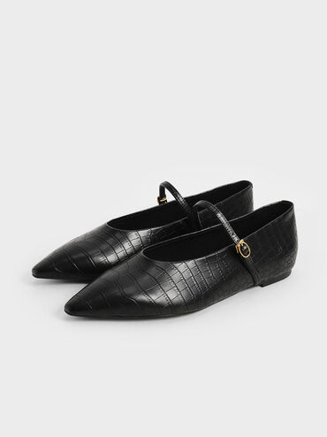 Croc-Effect Mary Jane Flats, Animal Print Black, hi-res