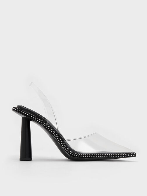 See-Through Crystal-Embellished Slingback Pumps, Clear, hi-res
