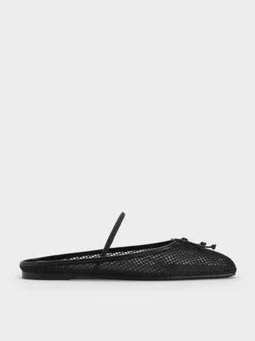 Mesh Bow Square-Toe Ballet Mules, Black Textured, hi-res