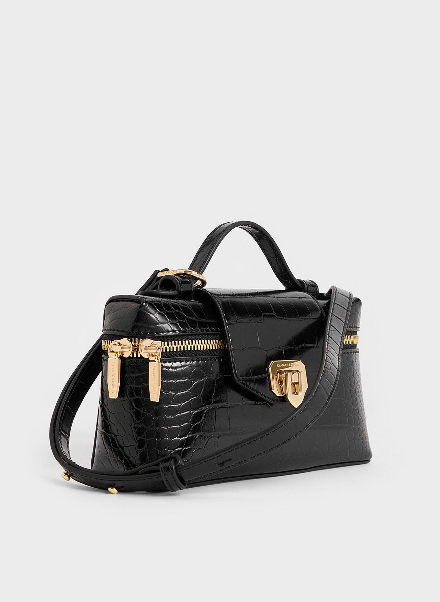 Arwen Croc-Effect Top Handle Vanity Bag, Black, hi-res