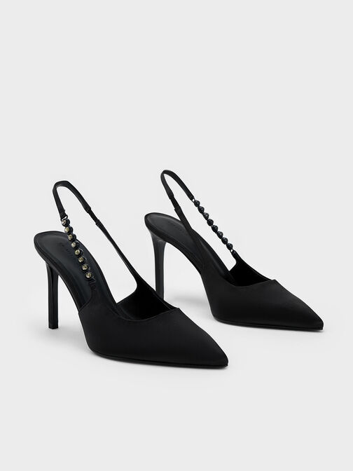 Flores Recycled Polyester Gem-Strap Slingback Pumps, Black, hi-res