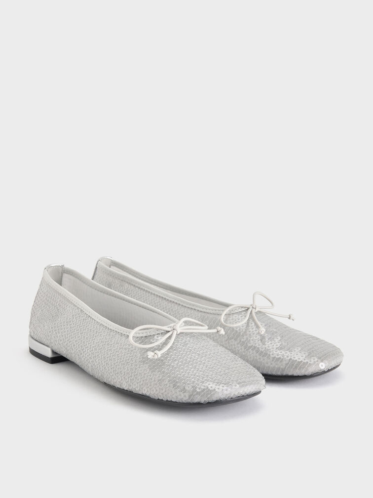 Sequin Mesh & Leather Bow Ballet Flats, Silver, hi-res