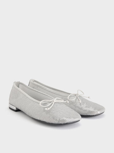 Sequin Mesh & Leather Bow Ballet Flats, Silver, hi-res