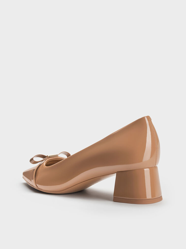Dorian Patent Bow Pointed-Toe Block-Heel Pumps, Caramel, hi-res