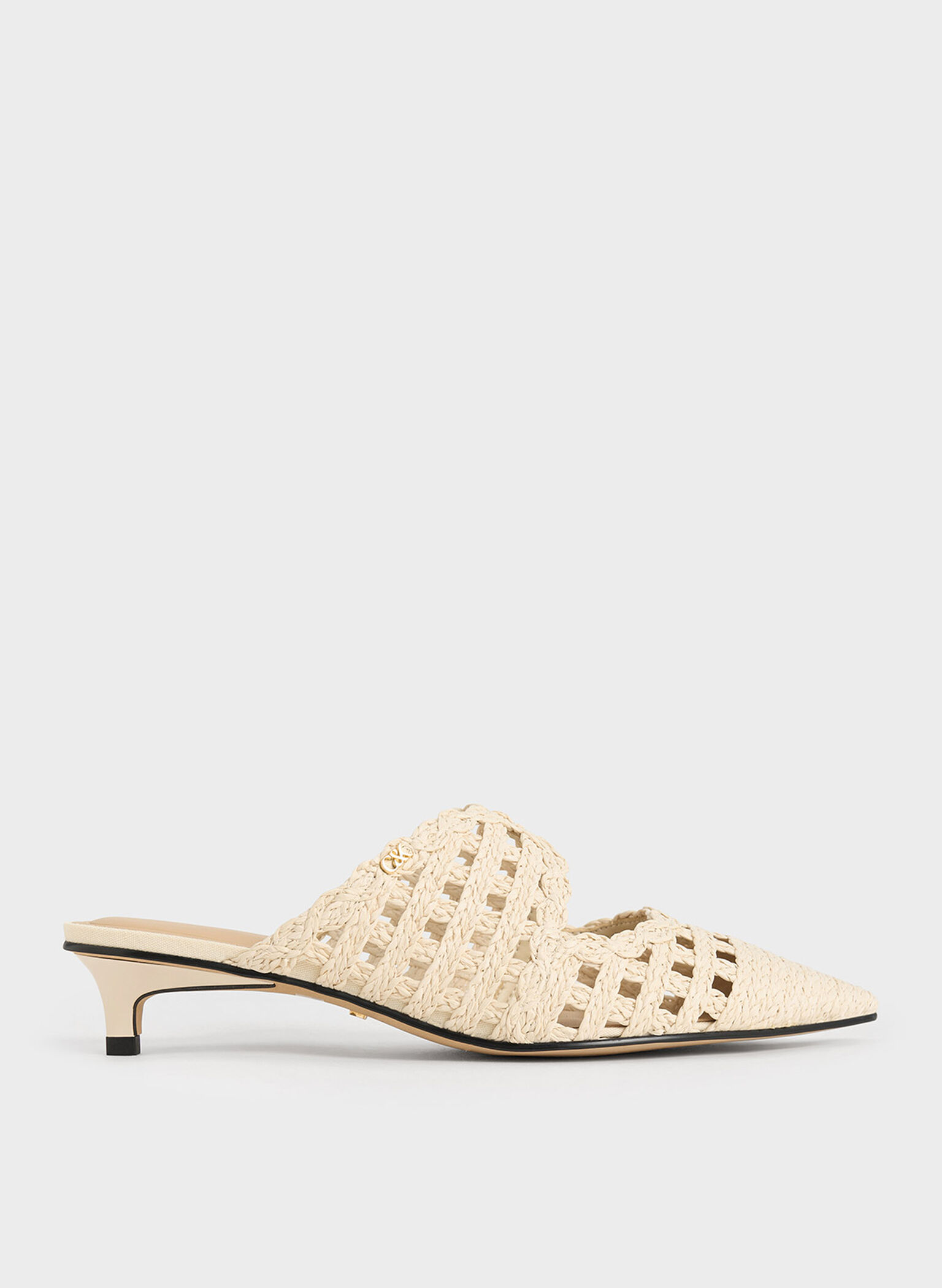 Raffia Kitten-Heel Pointed-Toe Mules, White, hi-res
