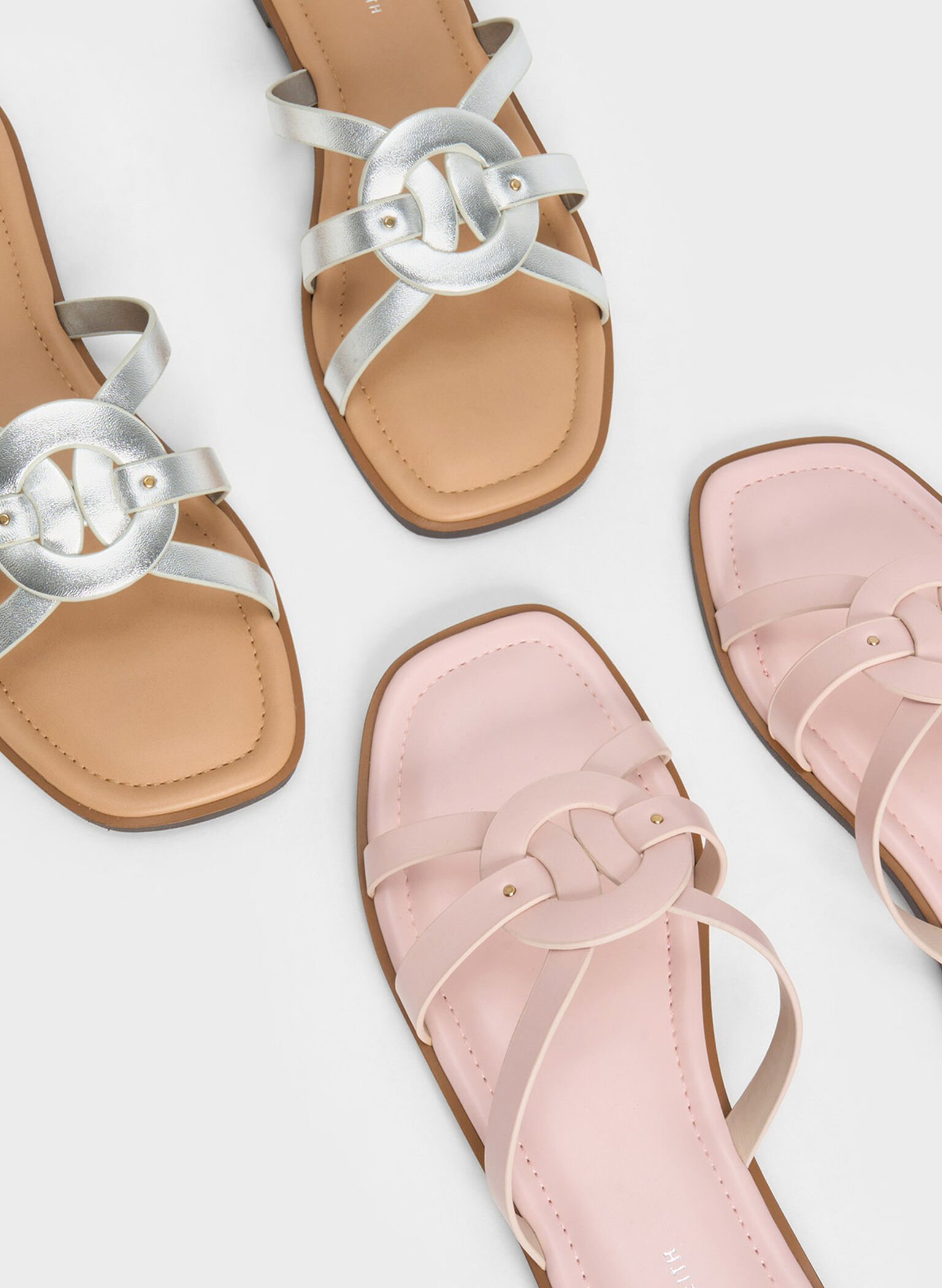 Ring Detail Strappy Flats, Light Pink, hi-res