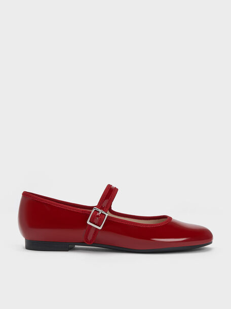 Patent Buckled Mary Jane Flats, Red, hi-res