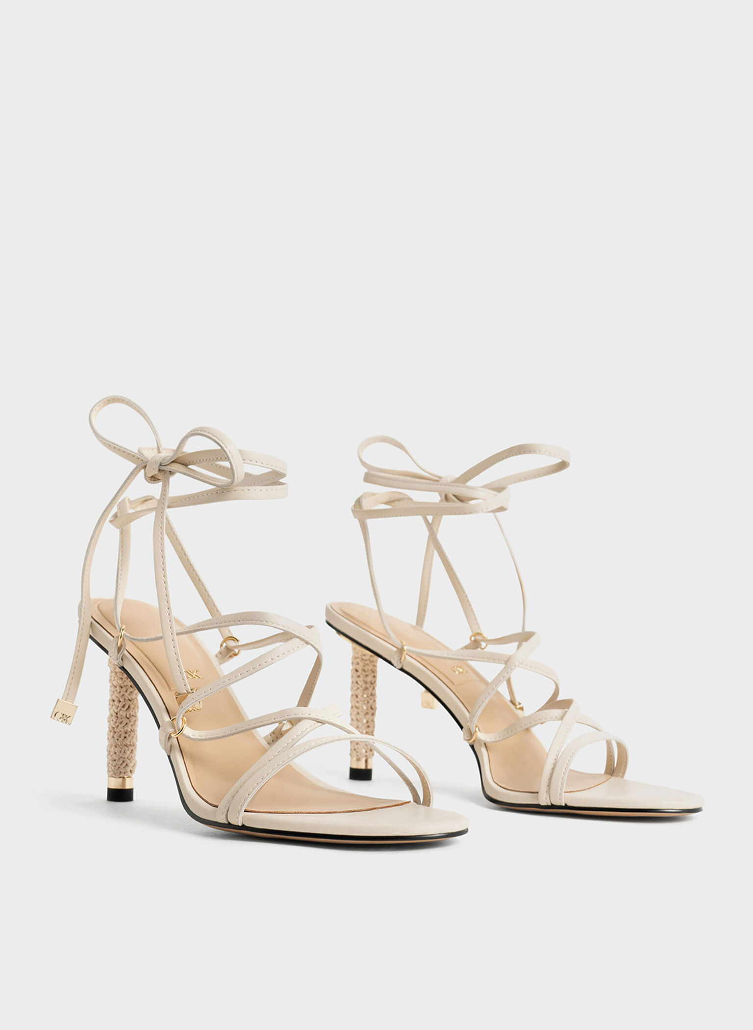 Strappy Woven-Heel Tie-Around Sandals, Beige, hi-res