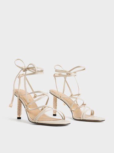 Strappy Woven-Heel Tie-Around Sandals, Beige, hi-res