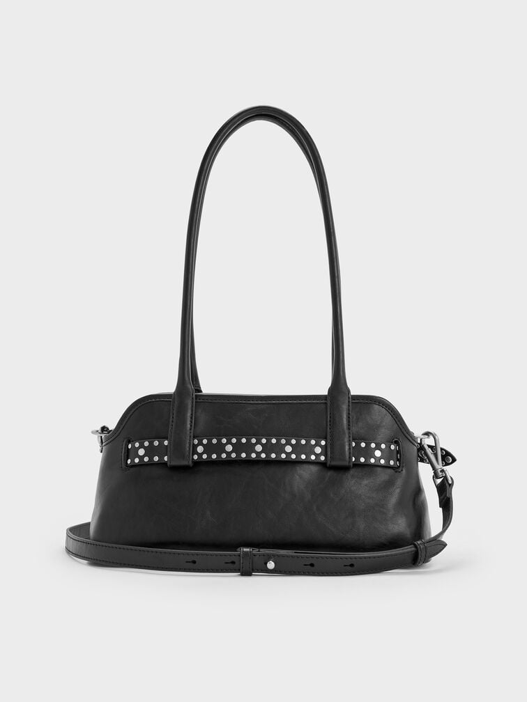 Victoria Studded Belted Elongated Shoulder Bag, Noir, hi-res