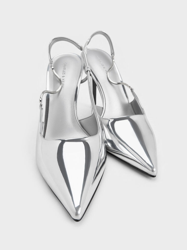 Metallic Chain-Strap Pointed-Toe Slingback Pumps, Silver, hi-res
