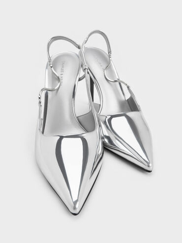 Metallic Chain-Strap Pointed-Toe Slingback Pumps, Silver, hi-res