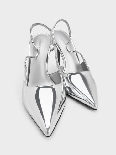 Metallic Chain-Strap Pointed-Toe Slingback Pumps, Silver, hi-res