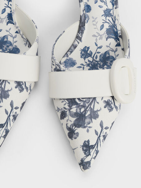 Oval-Buckle Floral-Print Pointed-Toe Mules, Dark Blue, hi-res