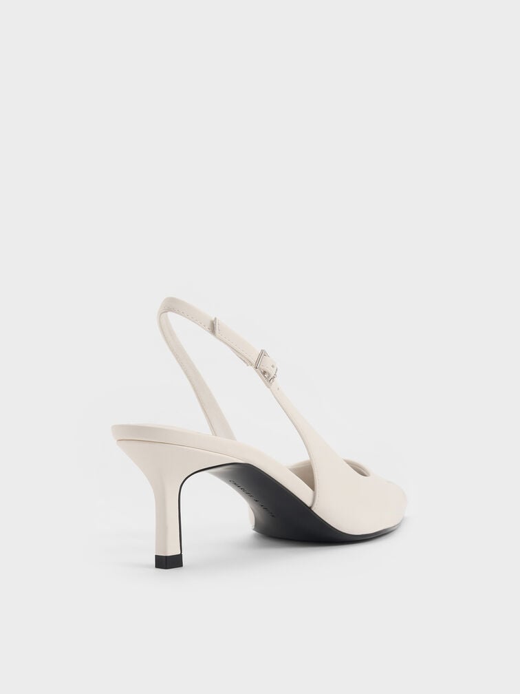 Perforated Rose Pointed-Toe Kitten-Heel Slingback Pumps, Chalk, hi-res