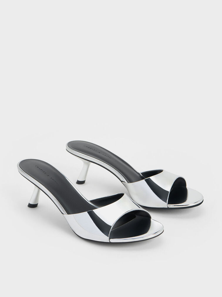 Metallic Slant Heel Mules, Silver, hi-res