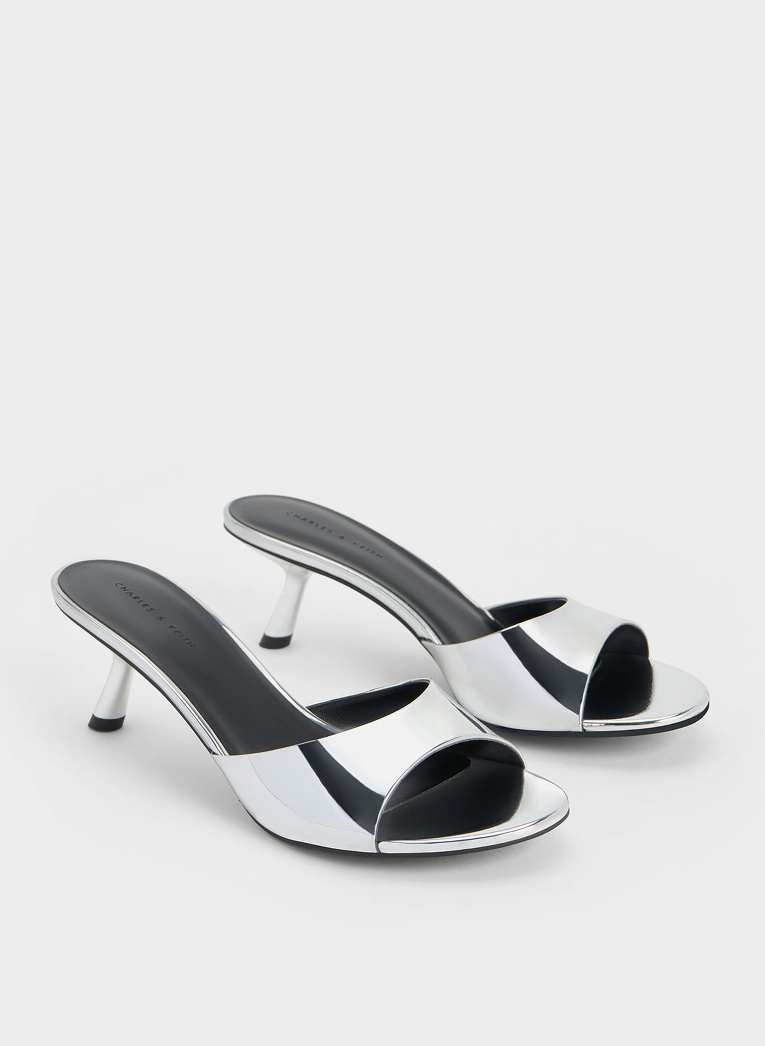 Metallic Slant Heel Mules, Silver, hi-res