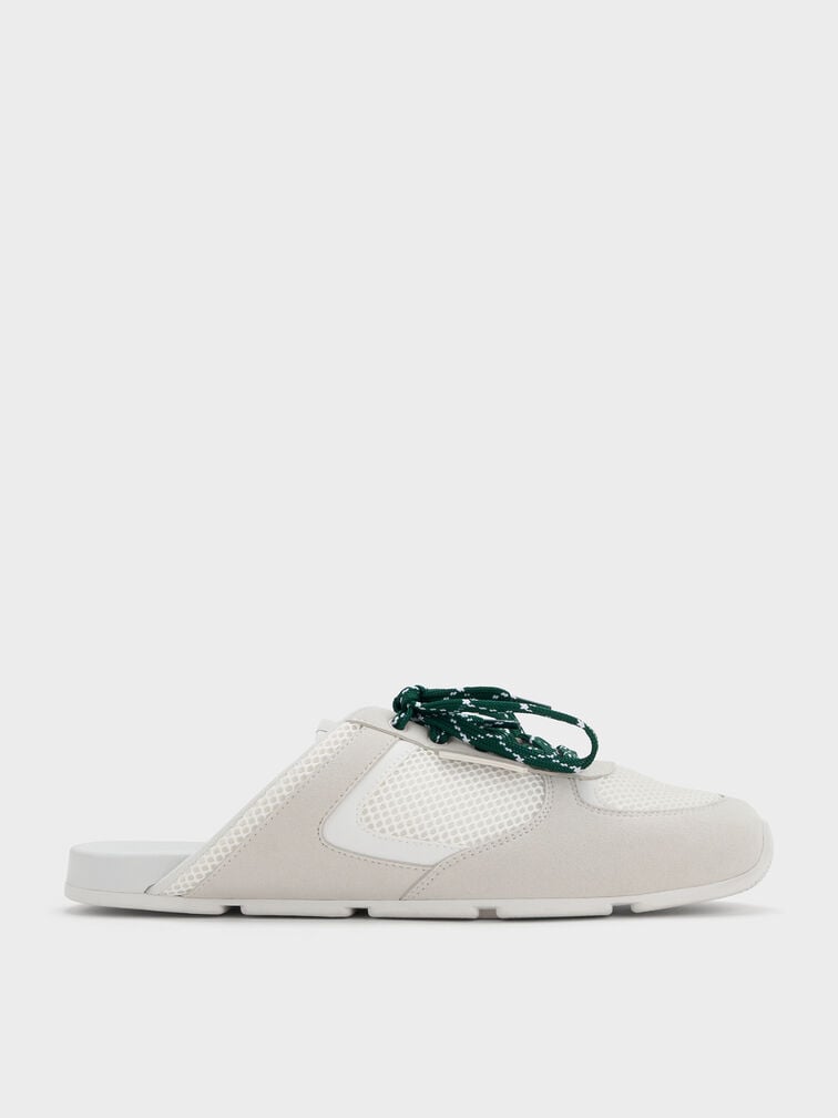 Mesh Patterned-Lace Slip-On Sneakers, White, hi-res