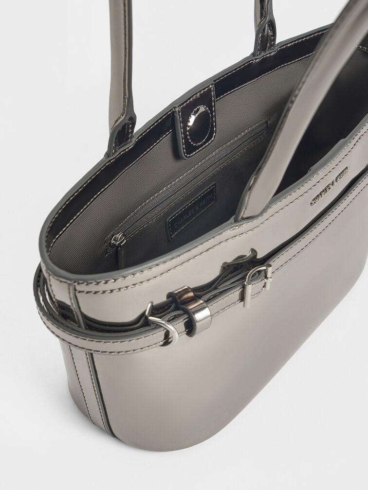 Sloane Metallic Elongated-Handle Shoulder Bag, Pewter, hi-res