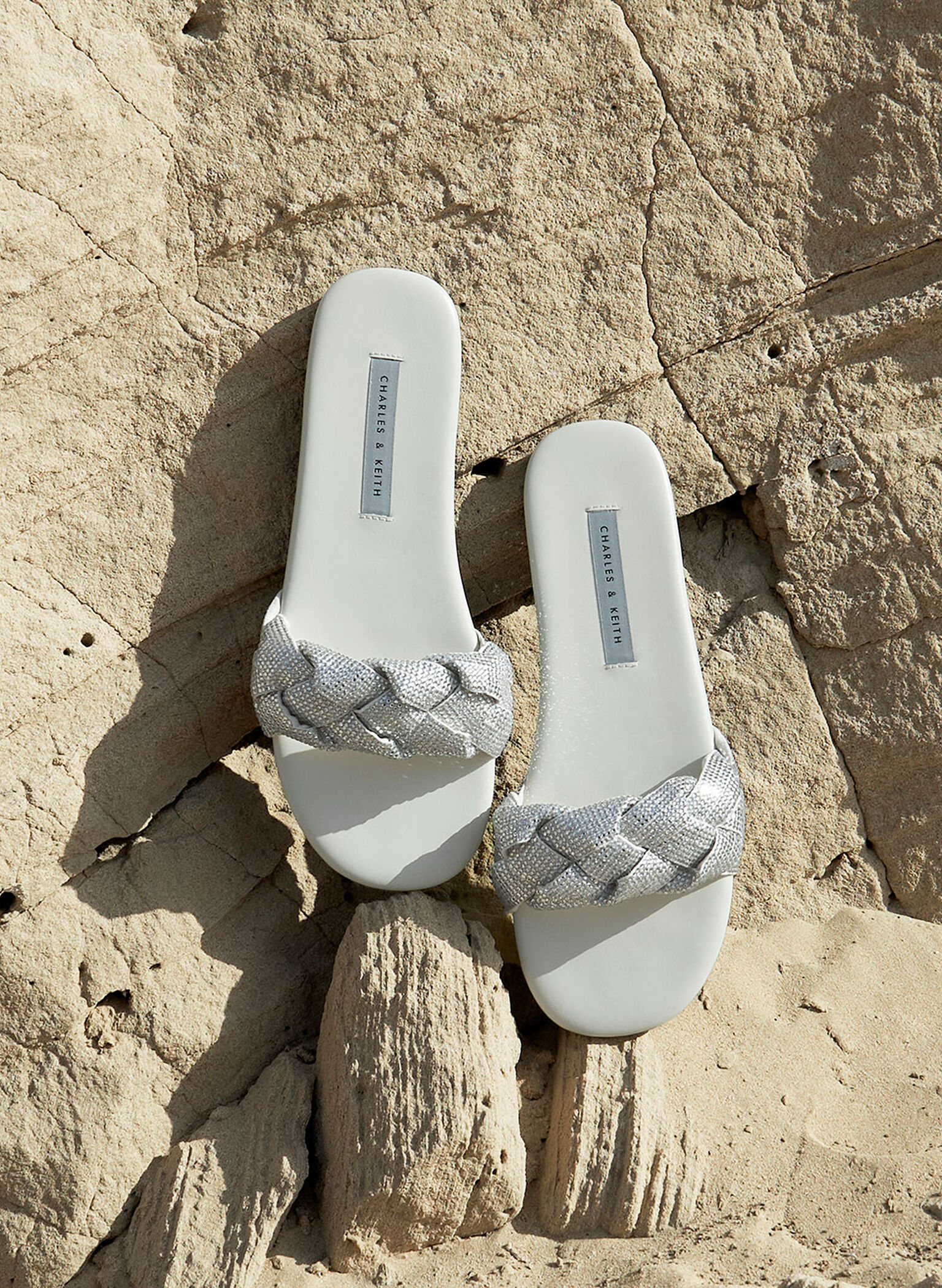 Gem-Embellished Braided Strap Slides, Cream, hi-res