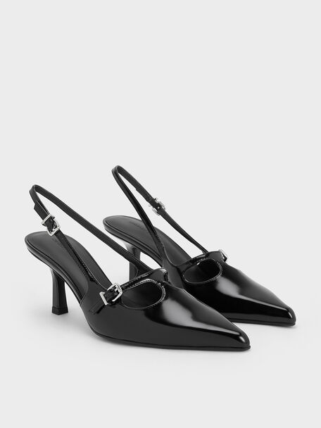 T-Bar Pointed-Toe Slingback Pumps, Black Box, hi-res
