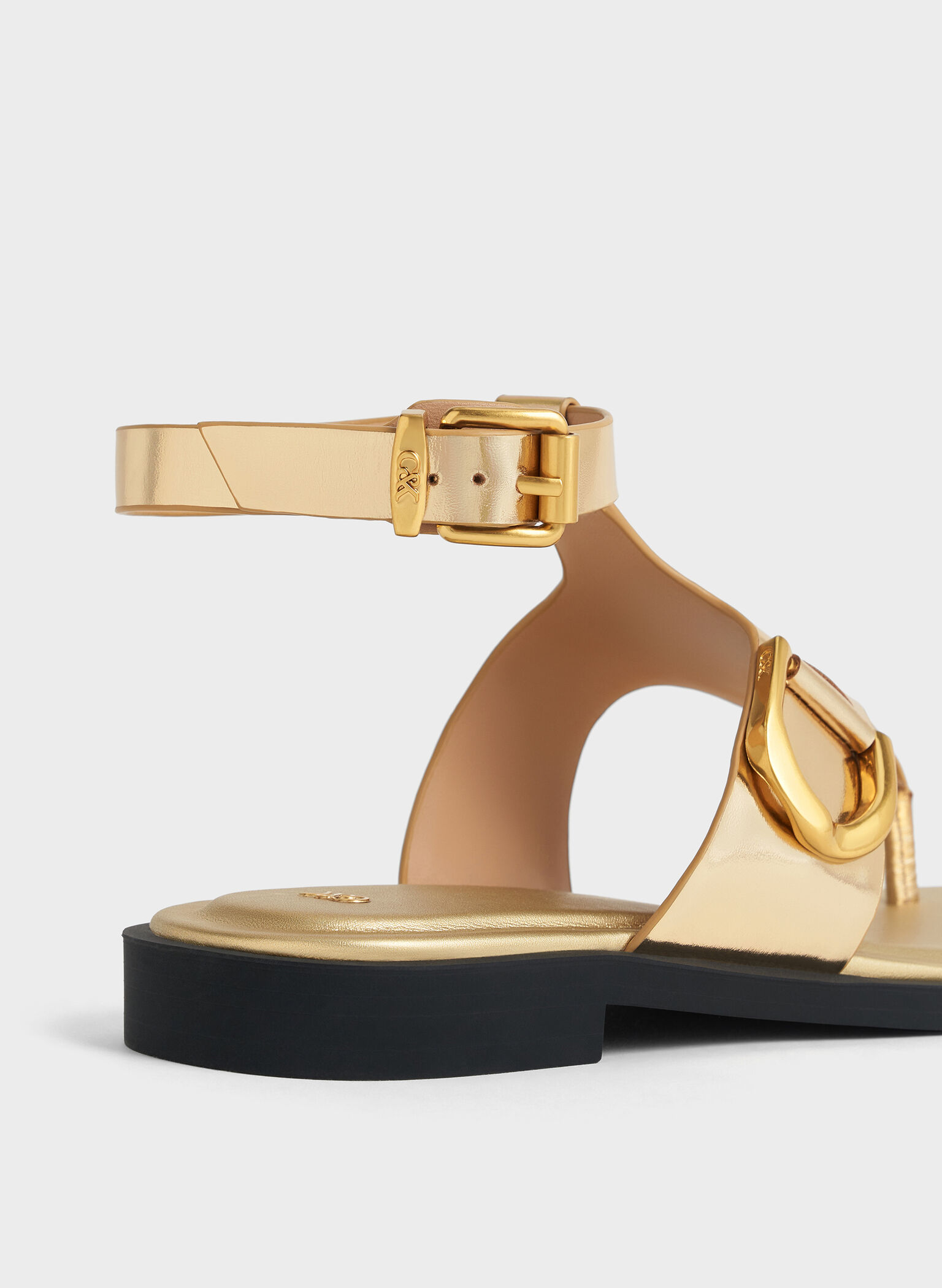 Gabine Metallic Leather Ankle-Strap Thong Sandals, Gold, hi-res