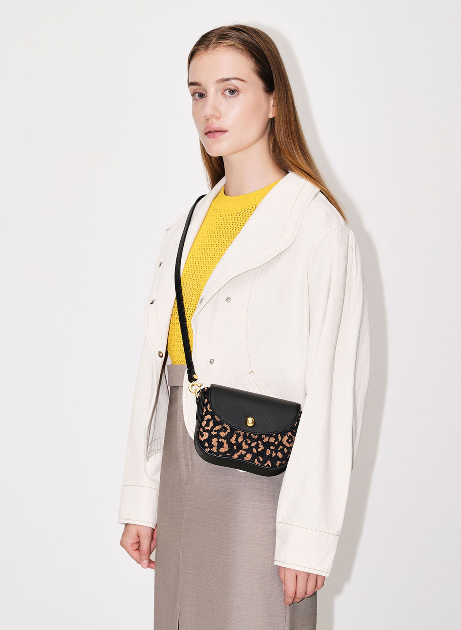 Beaded Metallic Handle Sculptural Bag, Animal Print Black, hi-res
