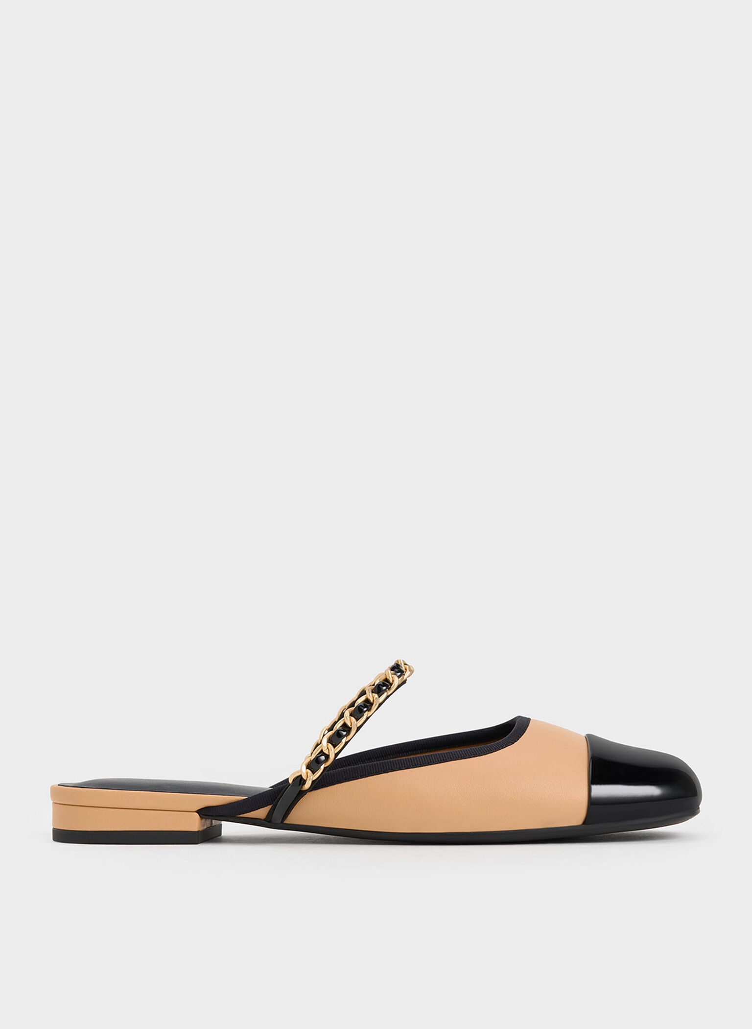 Patent Two-Tone Chain-Strap Mules, Beige, hi-res
