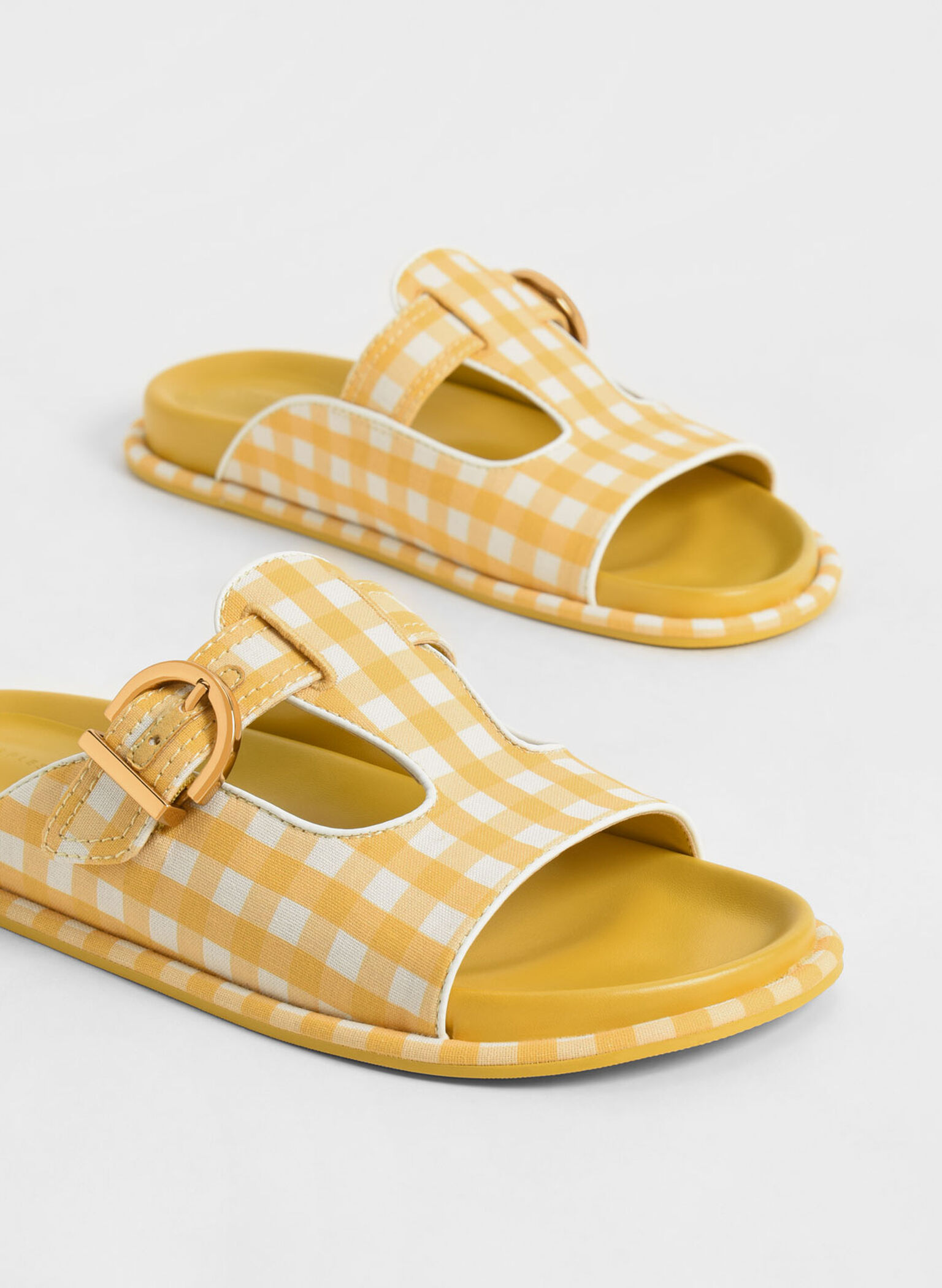 Cut-Out Linen Gingham-Print Buckled Slides, Yellow, hi-res