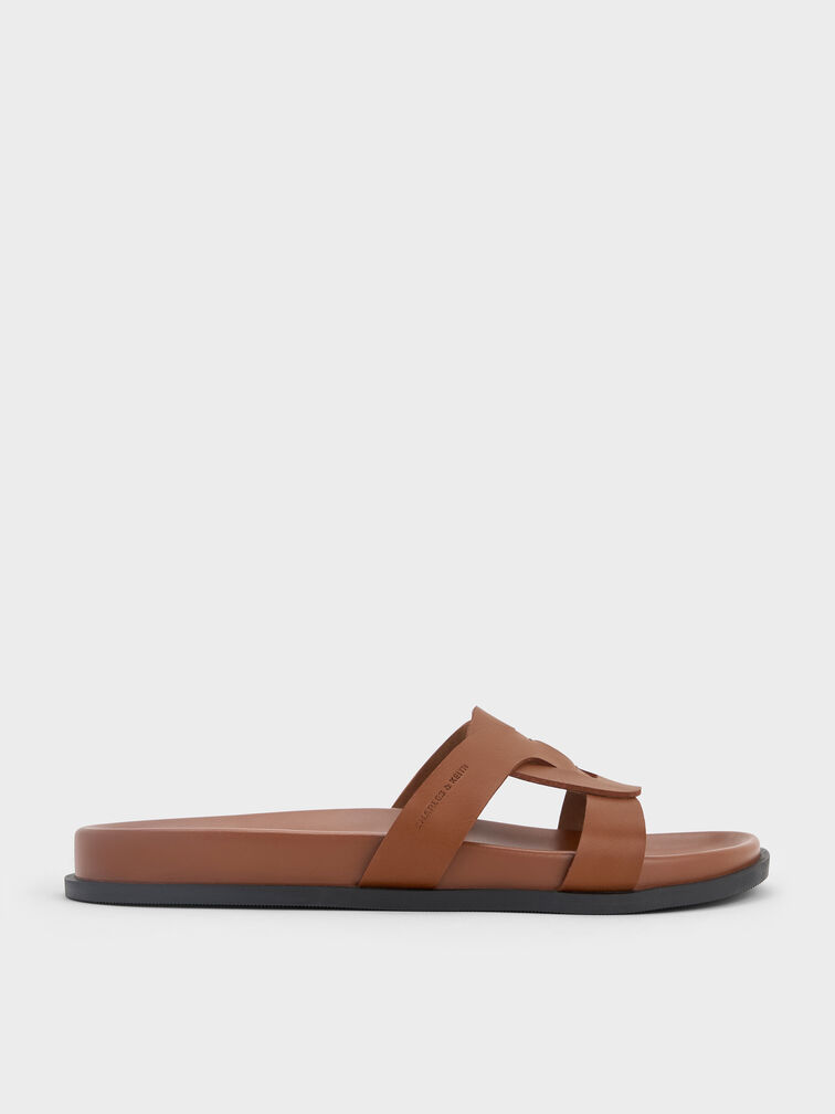 Interwoven Cut-Out Slide Sandals, Brown, hi-res