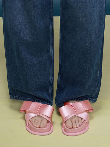 Satin Bow Flatform Sandals, Pink, hi-res