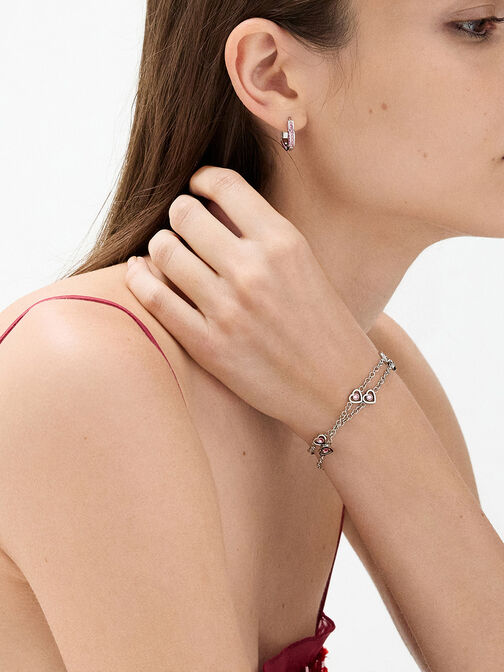 Malorie Crystal Heart Hoop Earrings, Silver, hi-res
