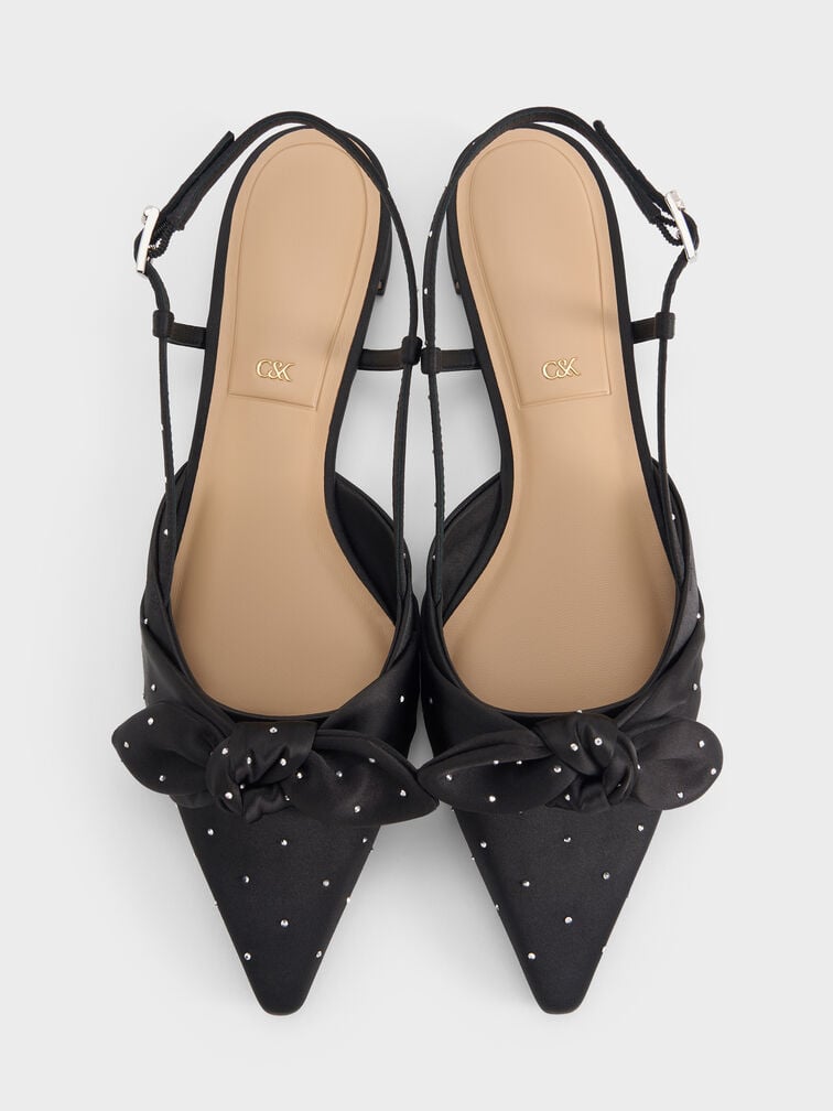 Jayce Dotted Knot-Bow Slingback Flats, Black Textured, hi-res